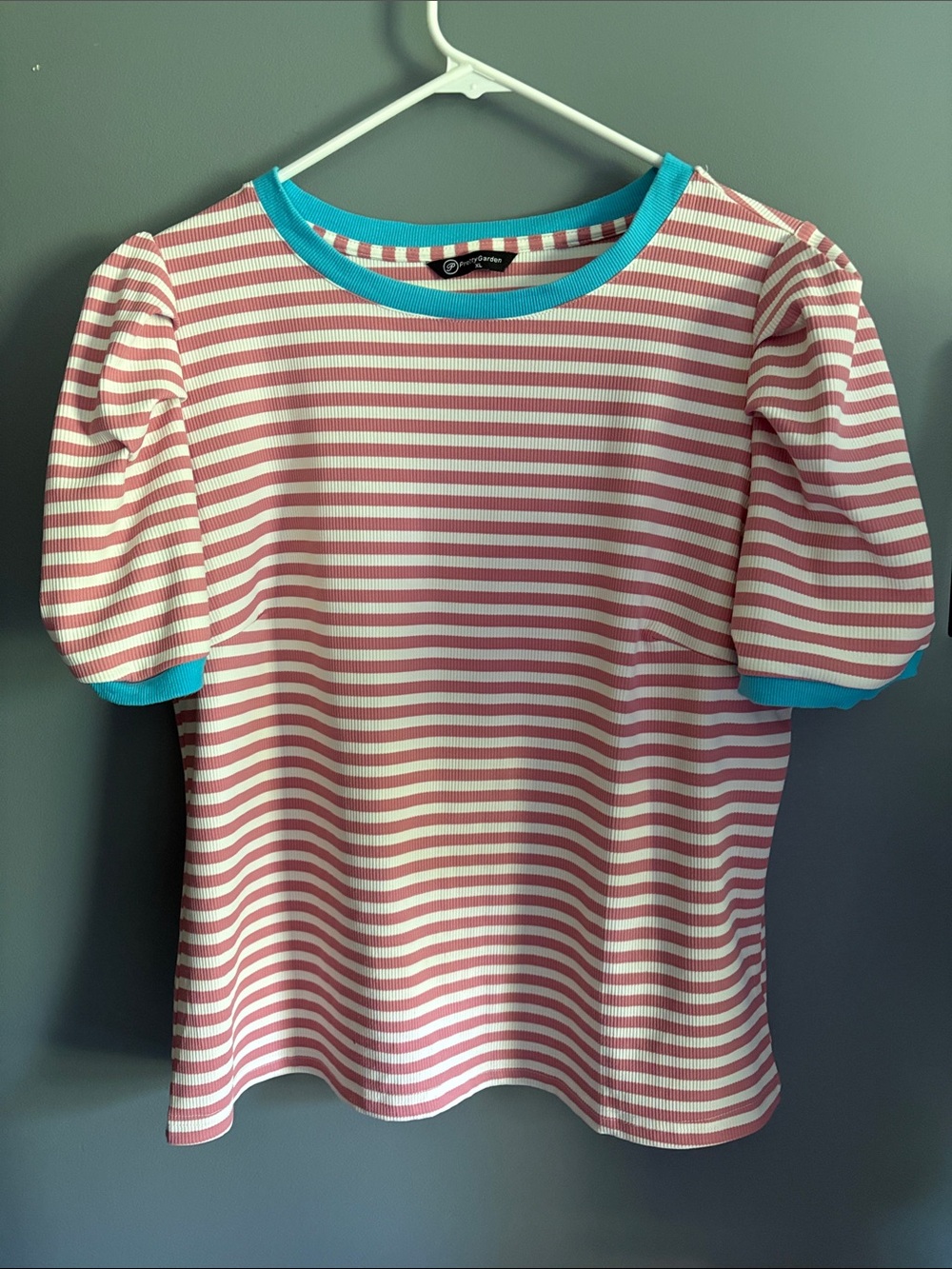 Striped Puff Sleeve Top with Aqua Trim - Pink & White -